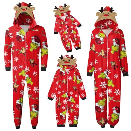 QWUVEDS Schlafanzug Weihnachten Grinch Pyjama Einteiler Pyjamas Sets für Familie, Niedlicher Weihnachts Einteiler Schlafanzüge mit Kapuze, Hausanzug Nachtwäsche für Damen Herren Kinder Baby 141