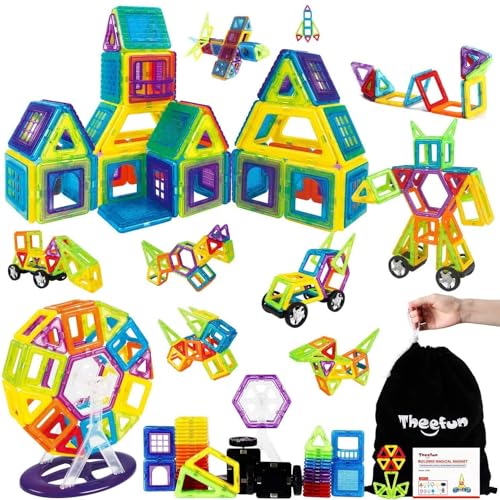 Theefun Magnetische Bausteine 100 Teile, Magnetbausteine Magnetspielzeug Magnet Spielzeug Kinder Magnetspiele für Kinder Geschenk Magnetic Bauklötze Kinderspielzeug Spielzeug ab 3 4 5 6 7 Jahre Junge