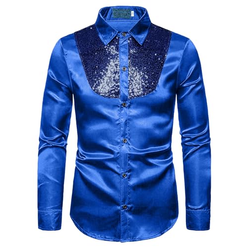 Glitzer Hemd Herren Langarm - Metallic Glänzende Glitzerhemd Freizeithemd Silvester Regular Fit 70er 80er Karneval Kostüm Festlich Party Disco Outfit Hochzeit Shirt Nachtclub