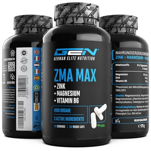 ZMA MAX - 180 Kapseln - Extra hochdosiert - Zink + Magnesium + Vitamin B6 - Premium: Mit 3 Magnesiumverbindungen - Laborgeprüft - Vegan