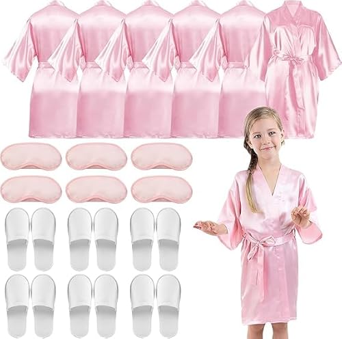 LYCN 6 teiliges Spa Bademantel Set für Mädchen, Satin Seiden Kimono Bademantel mit Seiden Augenmaske und Hausschuhen für Geburtstagsparty (size 12)