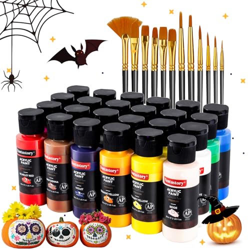 Fantastory Halloween Acrylfarben Set mit 24 Farben (60 ml), 12 Pinseln; wasserfest, nicht verblassend, ungiftige Acrylic Paint, für Gläser, Leinwand,Holz,Keramik,Modelle; Künstler,Profis,Anfänger