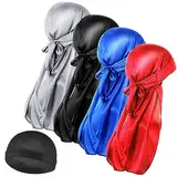 WLLHYF Seide Männer Durag, Piratenhut-Set Ultraweiche Wellenkappe Satin Extra Lange (Schwarz + Blau + Silber + Rot + runde Kappe) Einheitsgröße
