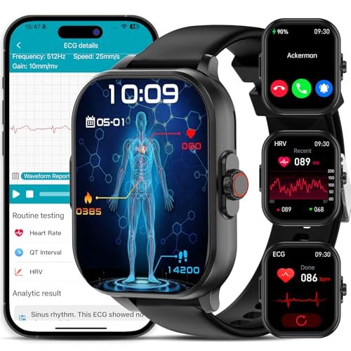 ECG+HRV Smartwatch Herren Damen 2.01”Gesundheitsuhr ΒΙυtzυcker ??? SPO2 ΑpΝOE-ErKEΝΝuΝG,Telefonfunktion,Wetter,Herzfrequenz Emotionaler Stress Blutdruck Schlafmonitor Fitnessuhr Android/iOS Schwarz