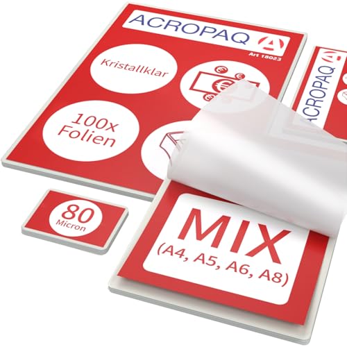 ACROPAQ Laminierfolien MIX - 80 mic, 100 Stück (A4, A5, A6, je 20 Stück, A8-Visitenkartenformat, 40 Stück), Glaenzend, Premium Qualität, Abgerundete Ecken, Geeignet für Fotos und Hinweise - 18023