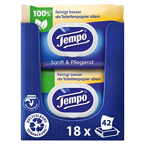 Tempo Toilettenpapier feucht Tempo Sanft Pflegend Trio-Pack (18 (6 x 3) Packungen x je 42 Blatt), Großpackung, 1 kg