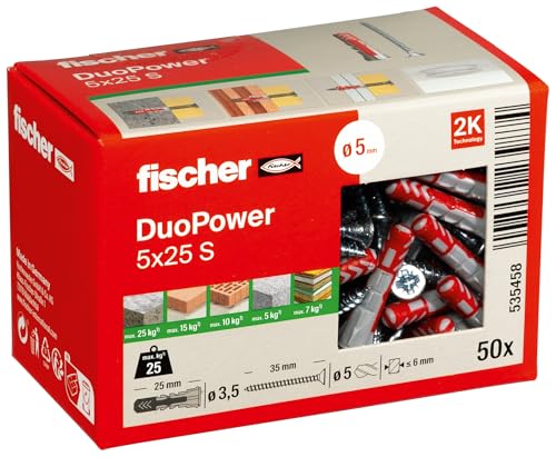 fischer DuoPower 5 x 25 S, Universaldübel mit Sicherheitsschraube, 2-Komponenten-Dübel, Kunststoffdübel zur Befestigung in Beton, Ziegeln, Stein, Gipskarton uvm., 50 Dübel + 50 Schrauben