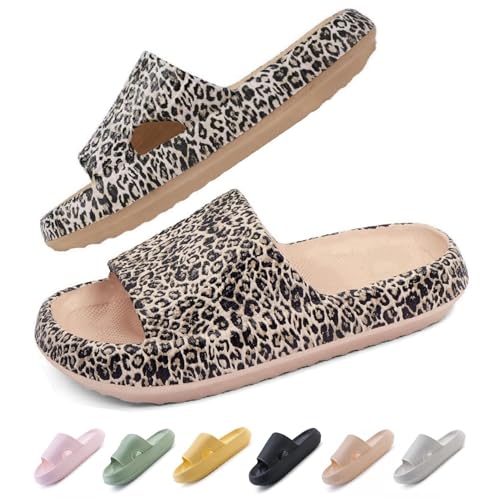 IDEINER Badeschuhe Damen Herren Hausschuhe Cozislides Original Slippers Wolken Pantoletten Rutschfest Weicher Dicker Sohle Badelatschen Sommer Sandalen Cloudyzz Slides Leopardenmuster Gr. 40/41