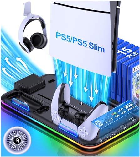 ALEEMTRY PS5 Ständer Zubehör für PS5 Slim Neu, PS5 Standfuß mit 3-Stufig Lüfter PS5 Kühler/RGB Licht/15 Spiele Aufbewahrung, Playstation 5 Standfuß für PS5 Slim Disc & Digital Konsole Schwarz