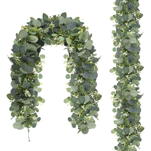 2 Stück 180cm Eukalyptus Deko, Verschlüsselt Künstliche Eukalyptus Girlande Hängende Grüne Blätter Girlande Hängepflanze für Hochzeiten Partys Esstische Kaminsimse Treppen Türrahmen