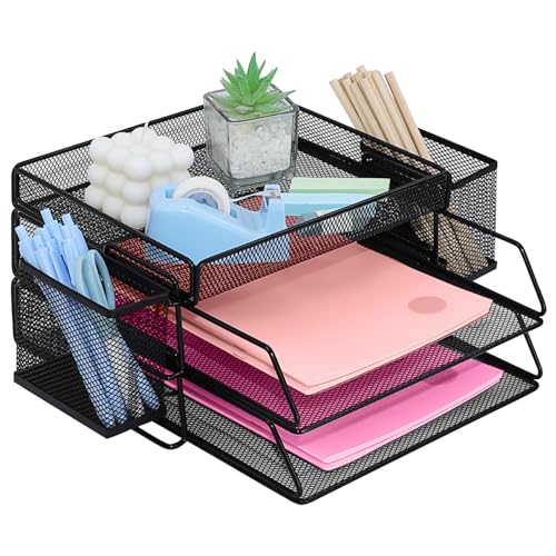 ideallife Stapelbare Briefablage aus Metall, Schwarz Schreibtisch Organizer mit 2 Dokumentenablage und 2 Stiftehalter, Mesh Schreibtischablage für A4 Dokument, Büroablage, Postkörbe