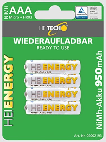 HEITECH vorgeladener 4er Pack NIMH-Akku Micro/AAA / HR03 950 mAh 1,2V - Wiederaufladbare Batterien mit geringer Selbstentladung - Akkus für Geräte mit hohem Stromverbrauch