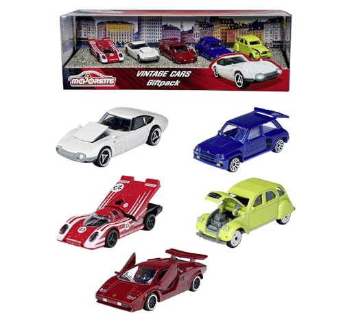 Majorette 212052013 Vintage 5er-Geschenkset, Spielzeugautos mit Freilauf aus Metall, Vintage-Versionen von Ford, Porsche, Renault und VW, bewegliche Teile, 7,5 cm