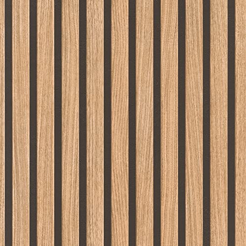 Tapete 278408 - Braune Papiertapete mit Holz-Optik, 3D -Paneele im modernen Skandi Look, Lamellenwand - 10,05m x 0,53m (LxB)