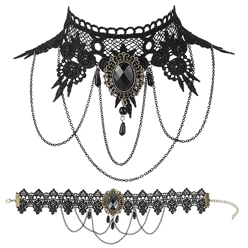 Cobee Halloween Spitzen Halskette, Retro Gothic Damen Halsband, schwarze Spitze Cosplay Halskette Vintage Punk Cosplay Vampir Schmuck für Frauen Halloween Kostüme, Zubehör (2 Stück)