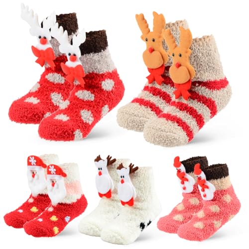 5 Paare Weihnachts Socken Kinder, Korallen Fleece mit Niedlichen Cartoon Weihnachtsmuster, Weihnachtssocken für Kinder Thermo Flauschige,Weihnachts Geschenke für Mädchen im Alter von 3-5 Jahren