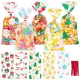 HAKACC 150 Stück Weihnachten Gebäcktüten, 5 Stilen Weihnachten Süßigkeiten Tüten Kekse Goody Taschen mit Twist Krawatten für Plätzchen Kekse Pralinen Bonbon Plätzchen