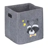 Relaxdays Aufbewahrungsbox Waschbär, Stoffbox für Kinder, aus Filz, faltbar, Spielzeugbox, HxBxT: 33 x 33 x 33 cm, grau