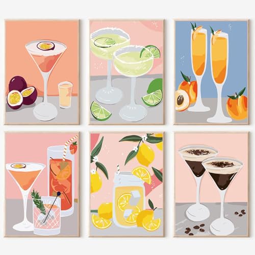 JATOK 6 Stück Malen Nach Zahlen Erwachsene, Paint by Numbers Adults – 6er Set, DIY Cocktails Tasse mit Pinseln und Acrylfarben Handgemalt Ölgemälde Leinwand für Home Decor, Rahmenlos 20x30cm