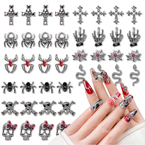 CHANGAR 40 Stück 3D-Halloween-Nagelkunst-Charms, Vintage-Punk-Legierung, Nagelanhänger, Totenkopf, Geist, Fledermaus, Spinne mit Strasssteinen, Legierung, Nagelkunst, Schmuck für Halloween, DIY,