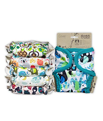 Petit Lulu 5 Stück Höschenwindel Set + 1 Wasserdichte Größe 2 PUL Überhose (onesize 5-16 kg) | Druckknöpfe | Fluffy Organic | Stoffwindelpackung | Hergestellt in der EU