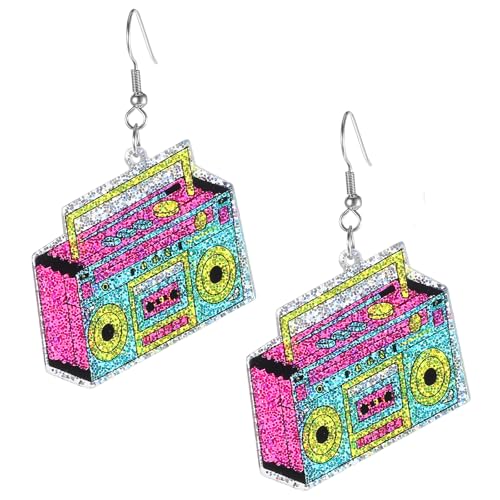Tyqour Retro Kassettenband Ohrringe 80er 90er Neon-Ohrring für Frauen Acryl Neon Ohrringe Damen 80 er Jahre Ohrringe Frauen Hängeohrringe für Mottoparty 80er-Kostüm Party Maskerade Frau Mädchen