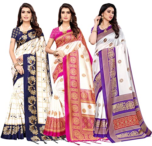 Ethno Closet Damen Blumen- und Vogeldruck Saree Art Seidenstoff Partykleidung Sari mit Blusenteil, Einheitsgröße (Blau, Rosa und Lila) - 3 Stück, Blau, Rosa und Violett, One size