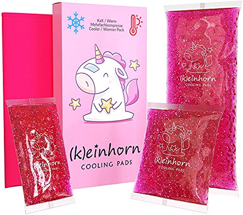 (K) einhorn Kalt Warm Gel Kühlpad 3er Set mit Hülle/Glitzer deinen Schmerz weg/Kompresse für Baby und Kinder pink/wiederverwendbar/Kühlpads 3 Stück klein bis groß mit Motiv/rosa