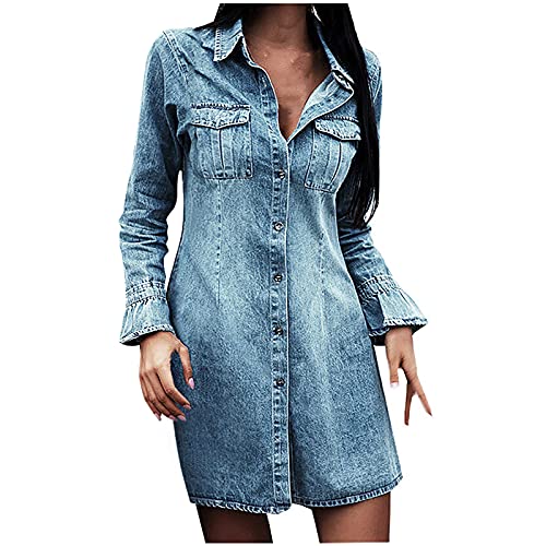 Jeanskleid Damen Langarm Knielang Jeanskleider Jeanshemd Hellblaues Kleid Freizeitkleid Frauen Tunikakleider Blusenkleid Sommerkleid Knopf unten Denim Babydoll Jean Kleid Shirtkleid Strandkleid