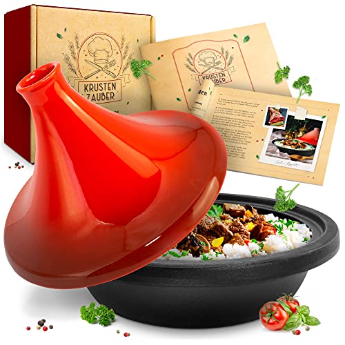 KRUSTENZAUBER Tajine Topf 2-4 Personen - Hochwertige 27cm Gusseisen Tajine Orientalisch - Tajine Induktion und Ofengeeignet, Tajine-Topf, marokkanische Tajin, Tachine, Tagine, Tahini, Tajines, Tahin