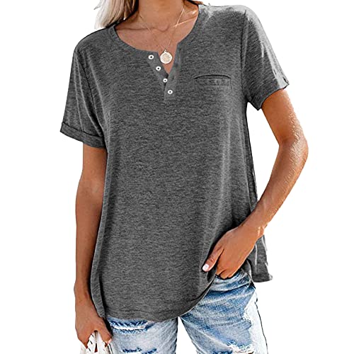 Damen Kurzarm T-Shirt mit Knopfleiste und Tasche Lässiges V-Ausschnitt Sommer Henley T-Shirt Solide Farbe Lose Baumwolle Tops (Dunkelgrau,XXL)