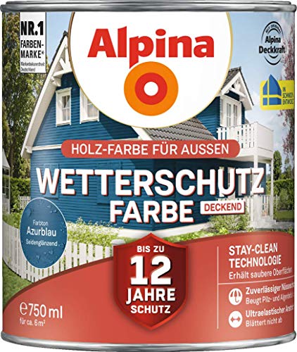 Alpina Holz-Wetterschutz-Farben – Azurblau, deckend – bis zu 12 Jahre Schutz vor Witterung und Nässe – schmutzabweisend, deckend & ergiebig – 750 ml