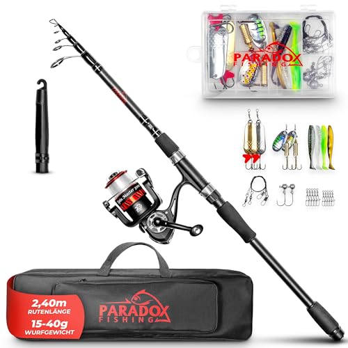 Paradox Fishing Angelruten Set zum Spinnfischen 2,4m Wg. 15-40g I Teleskop-Rute mit Rolle, Ködern, Angelzubehör und Angel-Tasche I Angel Set – Angel-Set komplett