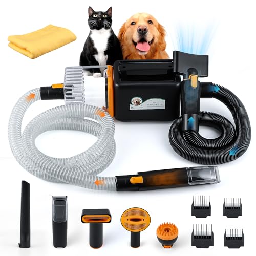 Mxmoonant Hundehaarpflege Set, Staubsauger & Trockner & Schermaschine 3-in-1, Stufenlos Wind und Temperatur einstellbar, 7 Zubehör, mit Aufbewahrungstasche und Handtuch