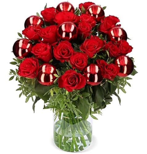 Blumenstrauß “Christmas Red”, Weihnachtsstrauß in Rot, Mit Rosen, Pistacia & Weihnachts-Deko, 7-Tage-Frischegarantie, Top Qualität, Ideales Blumengeschenk, Kostenloser Blumenversand