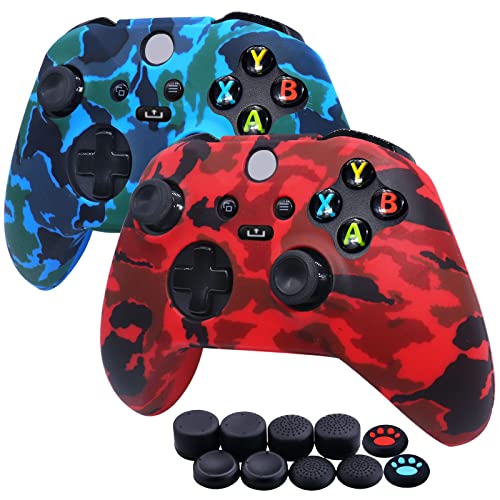 Jusy [2 Stück] Silikon Hülle für Xbox Series X/S Controller, Anti-Rutsch Anti-Schweiß Controller Hülle Skin Case x 2 mit FPS PRO Thumbsticks Thumb Grips Aufsätze x 10 (Blau+Rot)