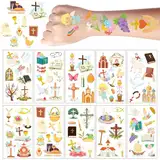 SOETDERT Tattoo Kommunion, 10 Blätter Tattoos Kinder Aufkleber, Hautfreundliche Temporäre Kindertattoos für Kindergeburtstag Party Mitgebsel mit Kommunion Ostern Tiere, Kreuzen, Taube
