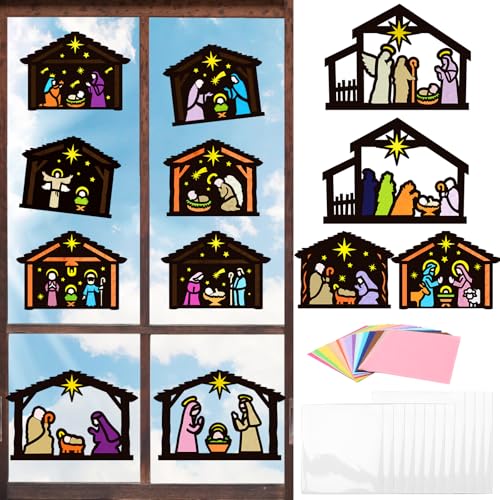 MONCAP 12 Stück Weihnachten Bastelset Kinder Krippe Basteln Weihnachten Krippe Kreativsets Weihnachtskrippe Deko Papierbastelset für Weihnachten Fenster Deko Religiöse Kreativ Diy Jungen Mädchen