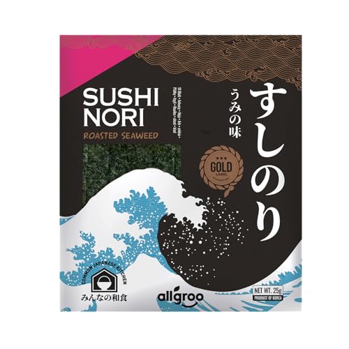 Allgroo Nori Gold Seetang, ganze Blätter, geröstete Seealgen, ideal für Sushi, vegan und glutenfrei, 1 x 25 g mit 10 Blättern