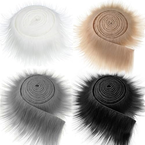 Vyanveo 4 Stück Kunstfell zum Basteln Meterware 5x150x10 cm Fell zum Basteln Fell Stoff Fellimitat Meterware Kunstpelz Fellstoff Band für Santa Hair Dwarf DIY Dekoration (Weiß Braun Schwarz Grau)
