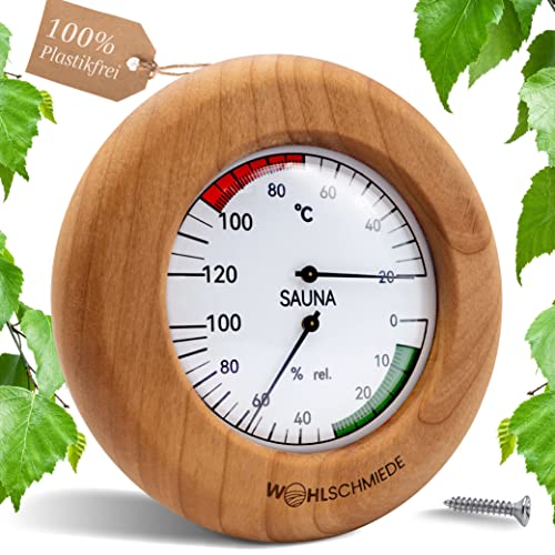 WOHLSCHMIEDE- Sauna Thermometer Hygrometer analog aus Holz (Erle) - Edles Sauna Zubehör Set mit 2in1 Wohlfühlfunktion - Präziser Temperatur und Luftfeuchtigkeitsmesser für die Sauna