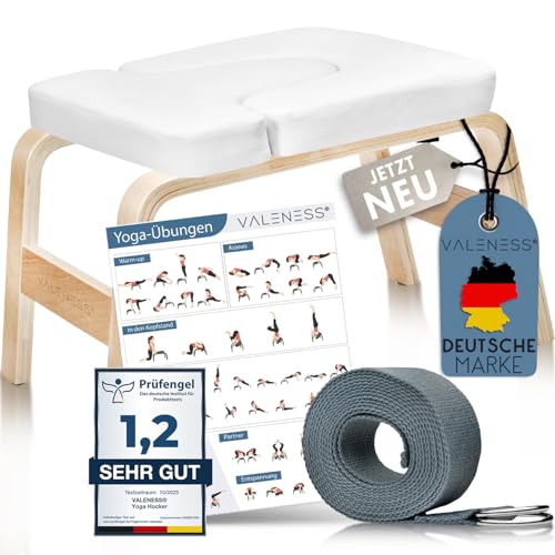 VALENESS® Yoga Kopfstandhocker - Hochwertiger Yoga Hocker inkl. Yogagurt, Yogablock & Übungsposter - Yoga Stuhl zur Handstand-Übung aus massivem Naturholz - Yoga Ausrüstung für Zuhause…