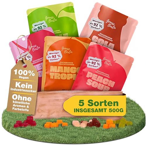 Genuss Berlin – Low Carb Fruchtgummi Set – 5 Tüten je 100g – 92 % weniger Zucker – Ohne Süßstoffe & künstliche Zusätze – Gesunde Süßigkeiten & Weingummi – Keto, vegan & low calorie – Kalorienarm