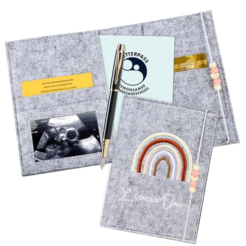 MINISONA Mutterpass Hülle aus Filz – Mit Fächern für deutschen Mutterpass, Ultraschallbild, Versichertenkarte und Impfpass,Geschenk für Schwangere und Zukünftige Mütter (Hellgrau)