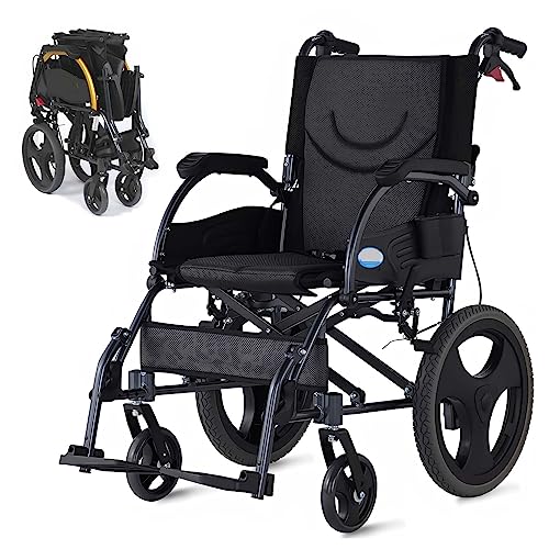 Bueuwe Ultraleichter Rollstuhl Faltbar Leicht Reiserollstuhl mit Trommelbremse, Schmaler Rollstuhl für Wohnung, Transportrollstühle, Klappbare Rückenlehne, Sitzbreite 46 cm, Leichtgewicht