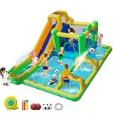 hüpfburg Outdoor mit gebläse 500 ×400 ×210 cm,10 in 1 Kinder Hüpfburg gebläse Hüpfburg Haus Wasserpark mit Wasserpistole, Springen, Kletterwand, Basketball Reifen, für Hinterhof im Freien Indoor