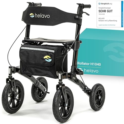 Helavo Rollator mit Luftbereifung für Draußen - Faltbarer Aluminium Outdoor-Rollator mit Sitz - Maximale Mobilität & Komfort im Außenbereich