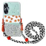 Miagon Handykette Hüll für Realme C55 Glitzer Durchsichtig Case mit Universal Blume Telefon Clip Kordel zum Umhängen Handyanhänger Halsband Lanyard