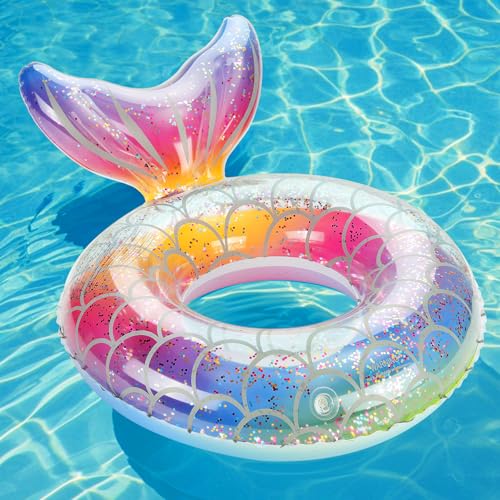 MoKo Aufblasbarer Schwimmring, Kinder Meerjungfrau Schwimmreifen Wasserspielring, Niedliche 58 cm Luftmatratze Pool Spielzeug Wasserspielzeug für Sandstrand Schwimmbad, Regenbogen Silber Schuppe