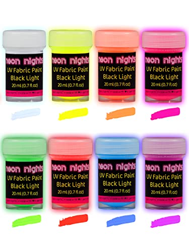 Fluoreszierende Stoffmalfarbe | 8 Schwarzlicht Textilfarben | Neon Leuchtfarbe im Set für knalligen Leuchteffekt | 8 x 20 ml UV Farben | Ideal zum T-Shirt bemalen